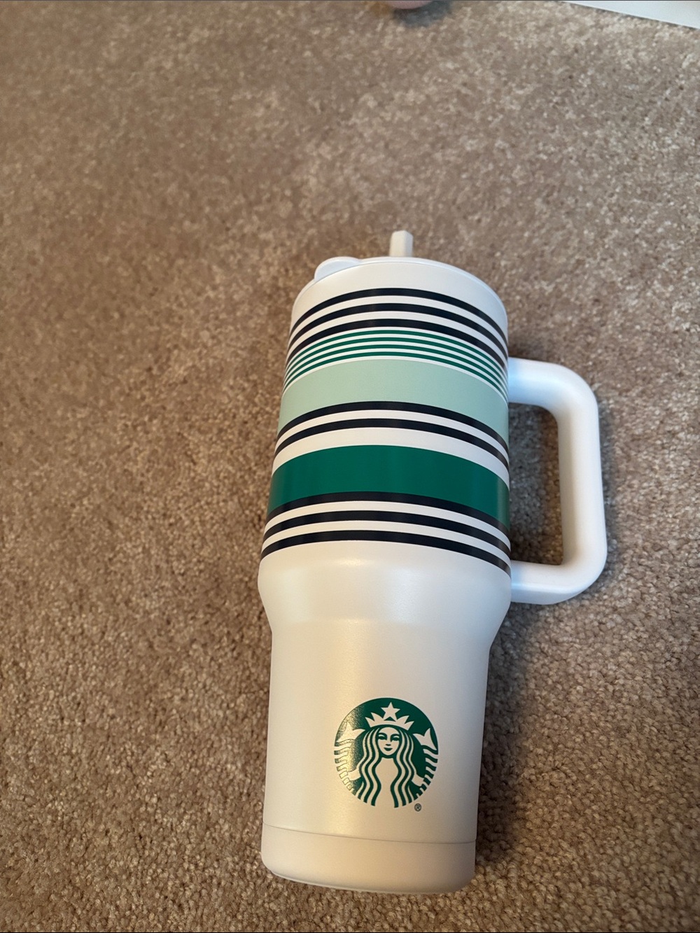 Starbucks White Tumbler with Green and Teal Stripes NWT